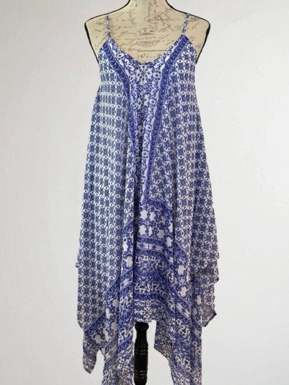 Blue Printed Asymmetrical Handkerchief Dress